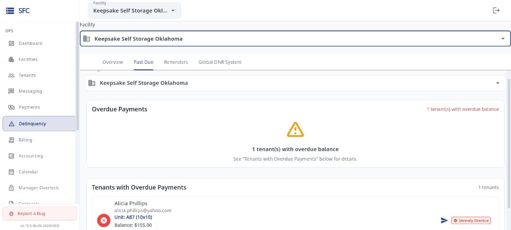 Storage Facility Creator delinquency overview screen