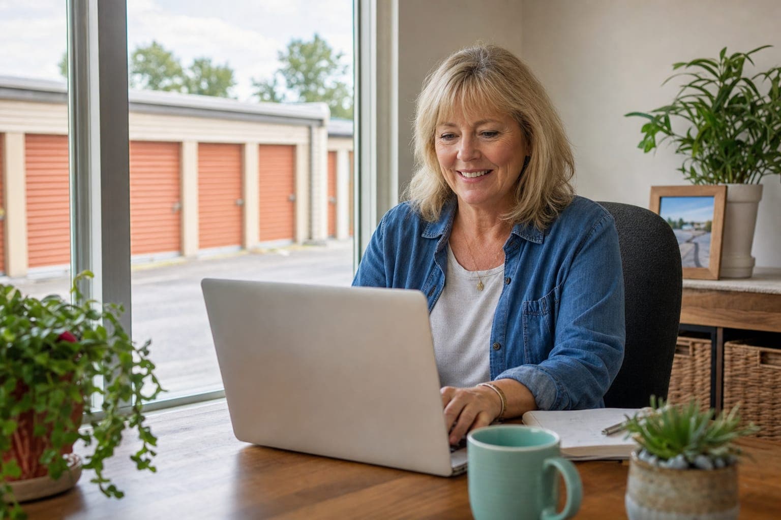 Storage facility owner smiling at her laptop in the office, with drive-up units outside the window